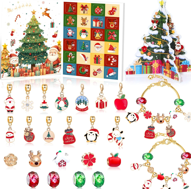 Wowagoga 2025 Christmas Advent Calendar, 24 Days Xmas Countdown Calendar, 2 DIY Bracelets 22 Charms and 1 Christmas Tree for Christmas Decoration Gifts