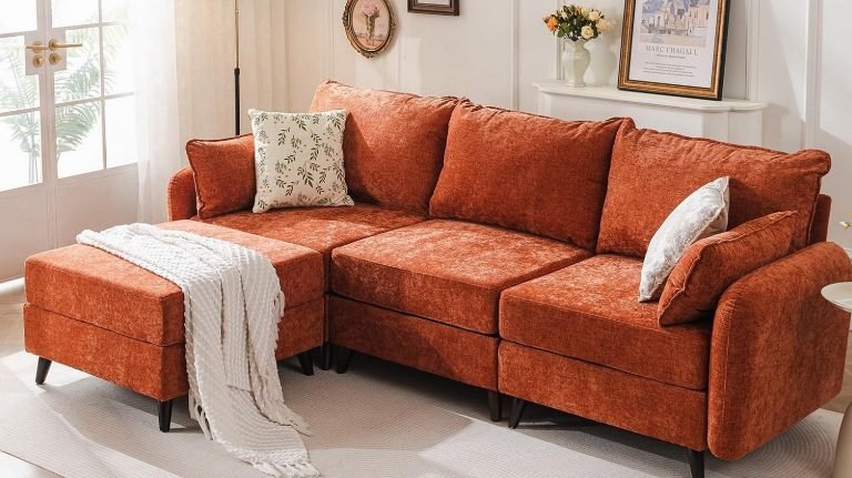 L-Shaped Sectional Sofa with Ottoman, L-Shaped Modular Couch Set with Ottoman, Sectional Sofa with Ottoman for Small Apartments