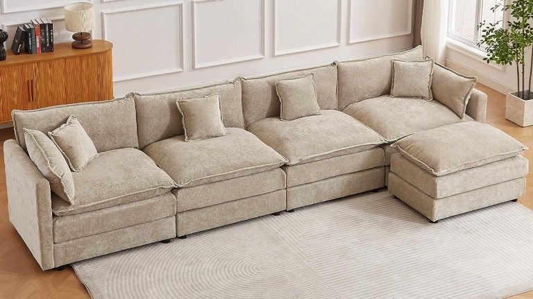 L-Shaped Sectional Sofa with Ottoman, L-Shaped Modular Couch Set with Ottoman, Sectional Sofa with Ottoman for Small Apartments