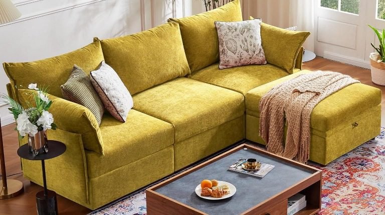 L-Shaped Sectional Sofa with Ottoman, L-Shaped Modular Couch Set with Ottoman, Sectional Sofa with Ottoman for Small Apartments