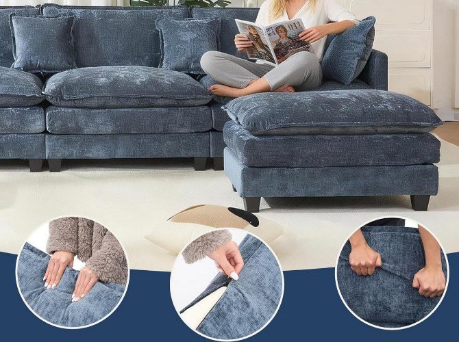 Couch with Storage Ottomans & USB Ports, Brown Faux Leather Sofa Sectional Couches L-Shaped Couch L-Shaped Sofa for Living Room Apartment