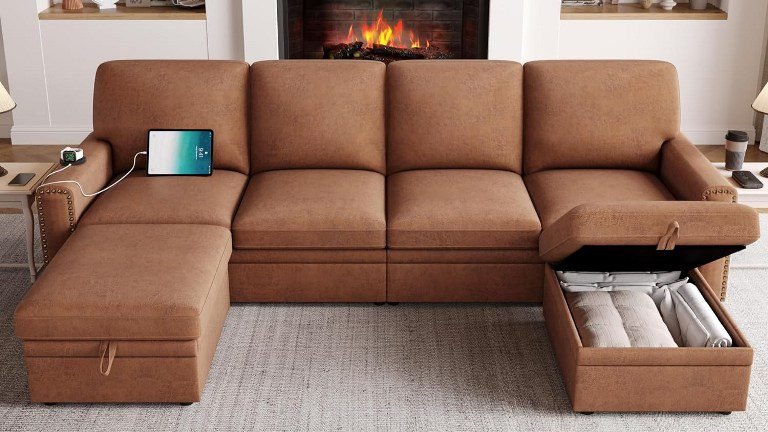 L-Shaped Couch L-Shaped Sofa for Living Room Apartment Couch with Storage Ottomans & USB Ports, Brown Faux Leather Sofa Sectional Couches